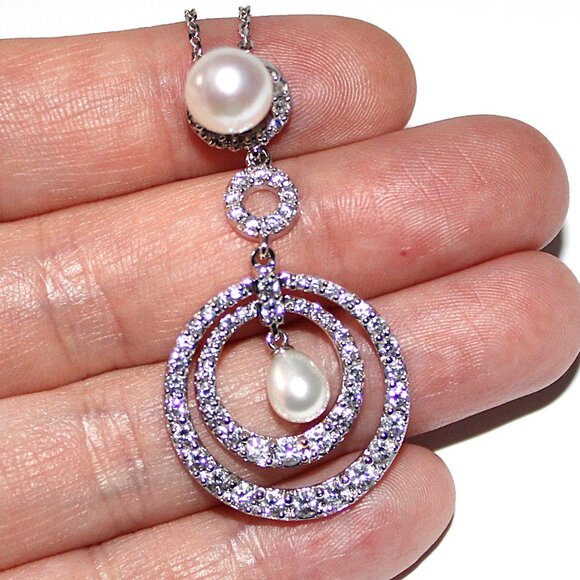 Sterling Silver Cultured Pearl Cubic Zirconia Circles Necklace - Picture 7 of 7